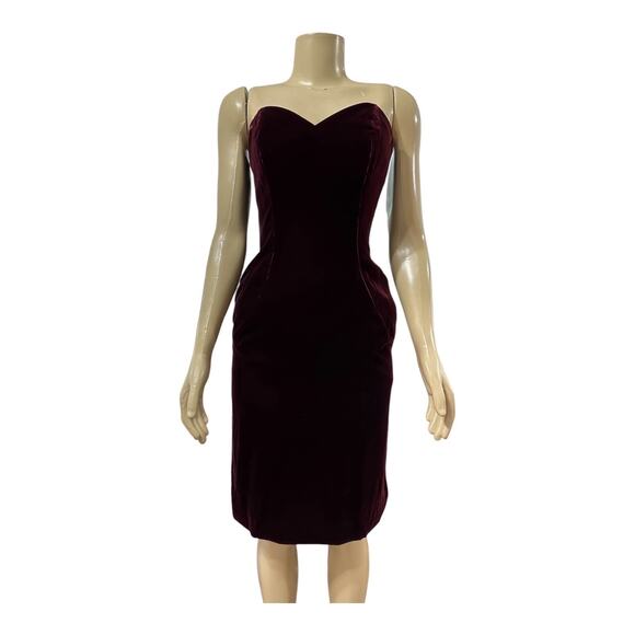 Vintage 80s Victor Costa Burgundy Velvet Strapless Cocktail Dress - Picture 1 of 14